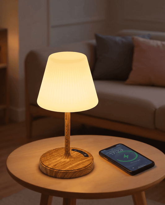 AquaGlow waterproof cordless lamp on a white background, natural wood design