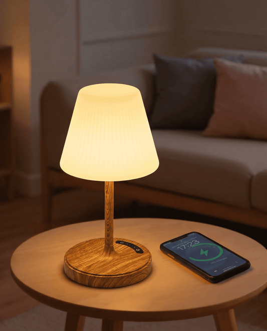 AquaGlow waterproof cordless lamp on a white background, natural wood design