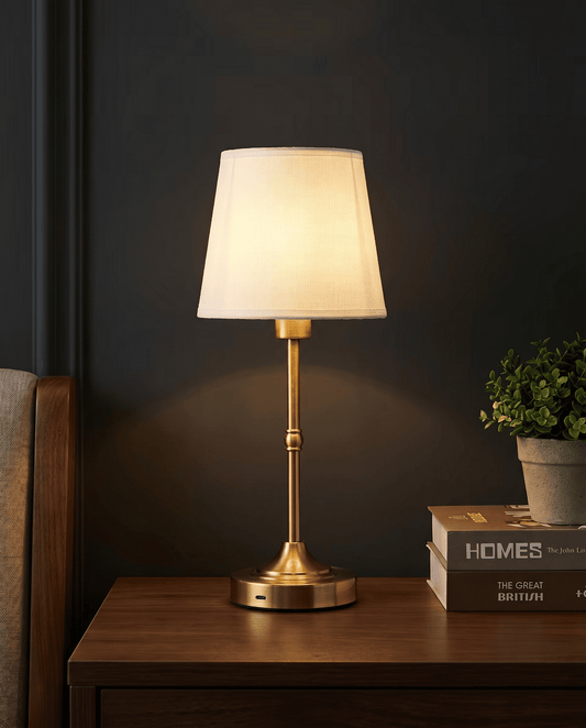 AuraGlow Drum cordless bedside lamp with brushed-gold stand