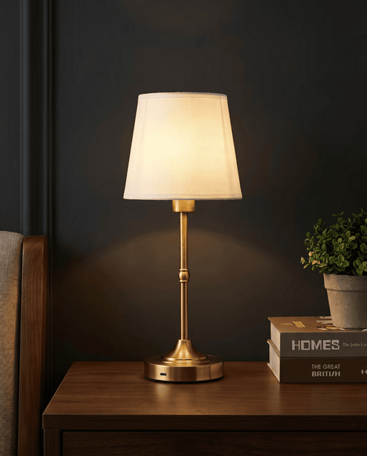 AuraGlow Drum cordless bedside lamp with brushed-gold stand