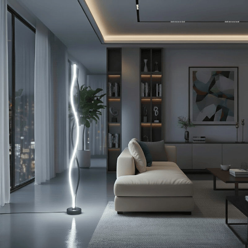 LumaSpire Duo floor lamp in a living room corner