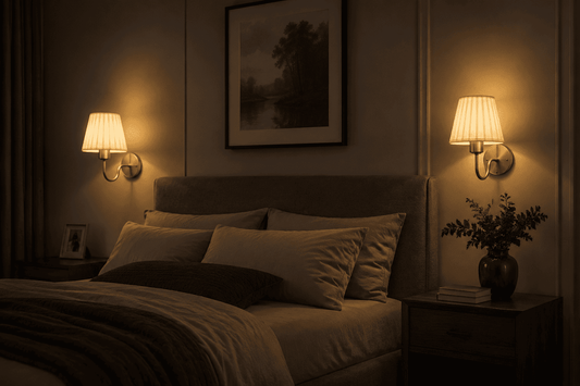 Two gold GildGlow wall sconces mounted either side of a bed
