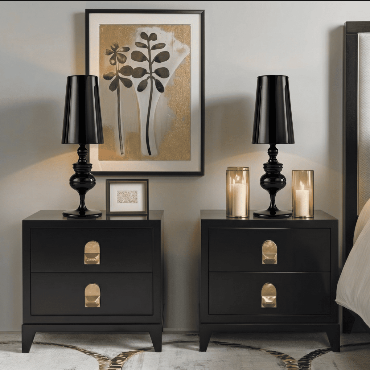 Pair of NoireRoyale lamps on black nightstands