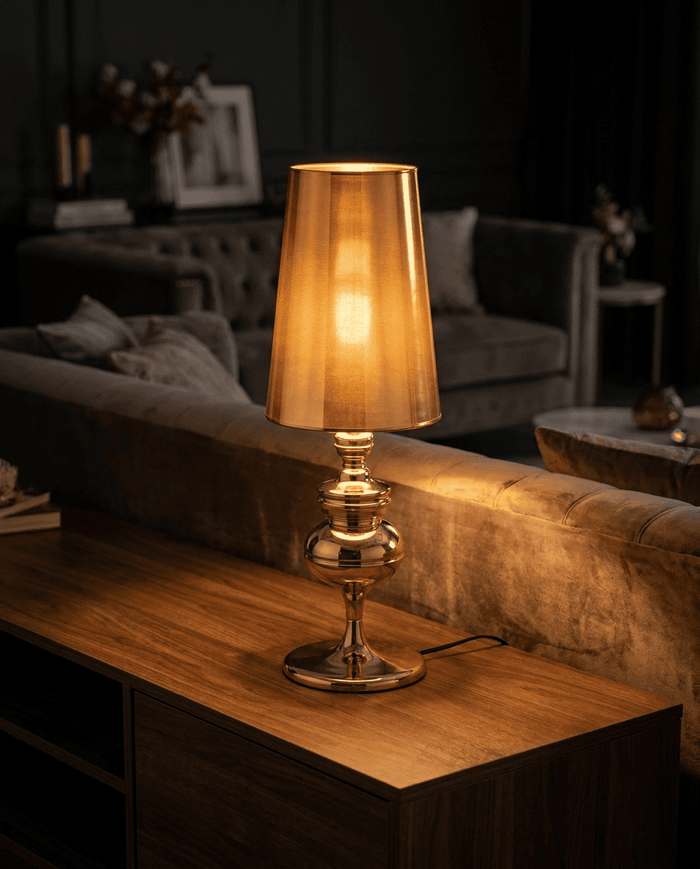 NoireRoyale lamp lit on wooden table