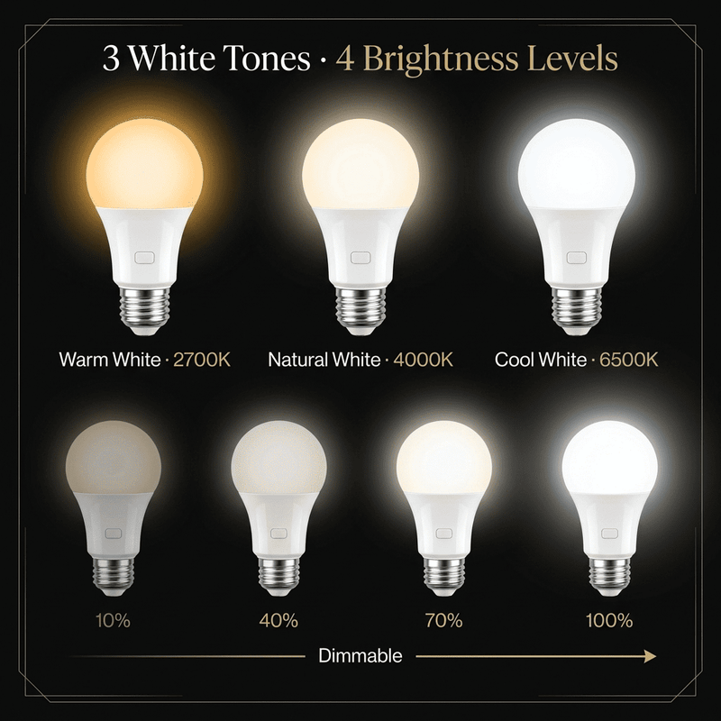 3 white tones and 4 brightness levels