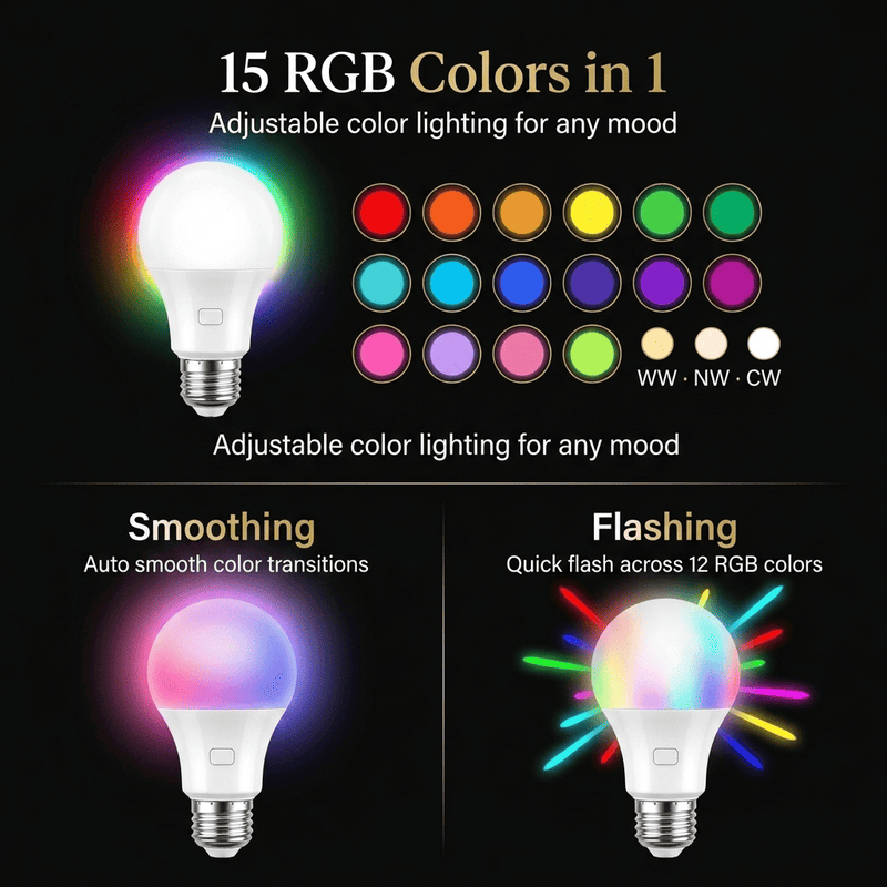 15 RGB colors and 2 lighting modes