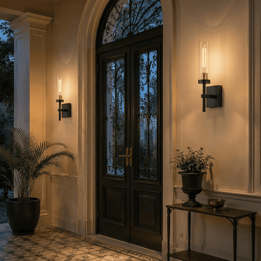 CandleGlow black cordless wall sconces framing an arched entryway door with no wiring