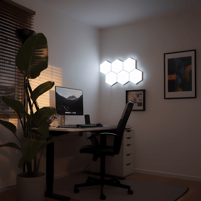 EdgeGlow hexagon panels arranged on a wall