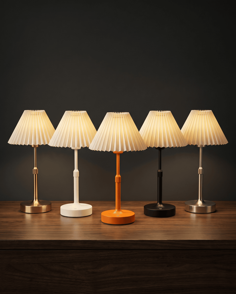 LuxeGlow lamps in Gold, Silver, Black and Orange