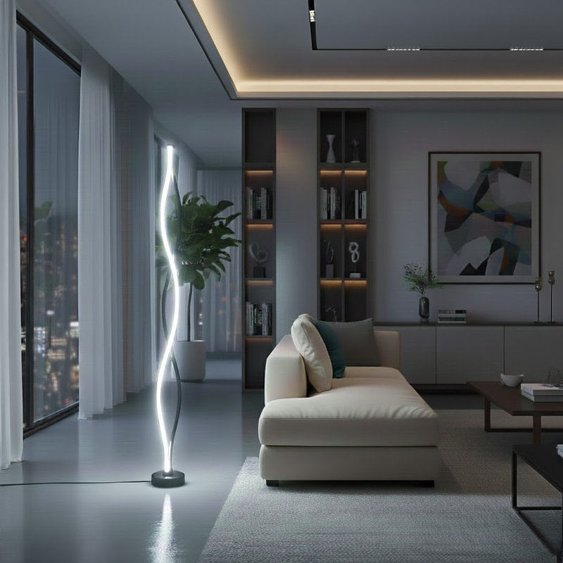 LumaSpire Duo floor lamp in a living room corner