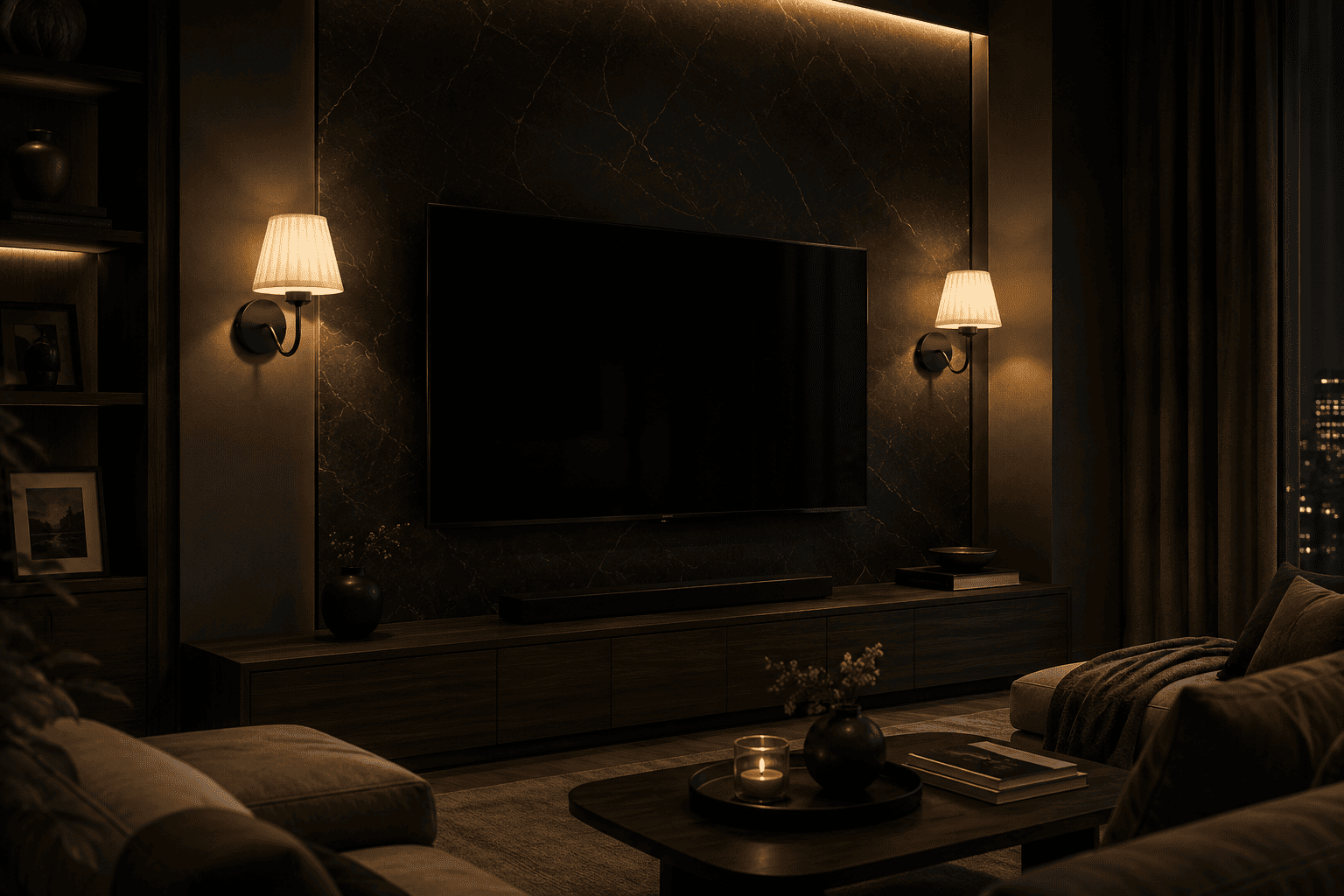 Two black GildGlow wall sconces beside a wall-mounted TV