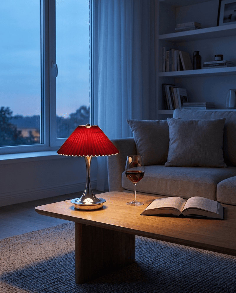 Parisette lamp glowing beside wine and a book at dusk