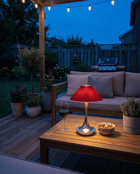 Parisette red cordless lamp glowing on a backyard patio table at twilight with a glass of wine
