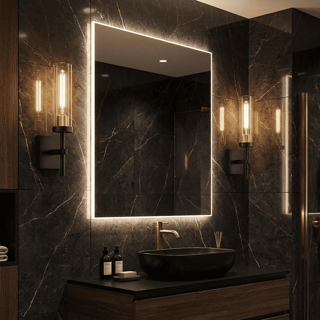 CandleGlow gold cordless wall sconces framing a dark bathroom mirror
