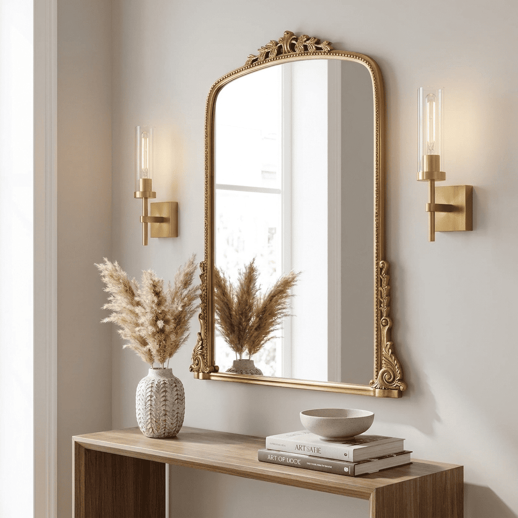 CandleGlow gold cordless wall sconces beside an arched vanity mirror