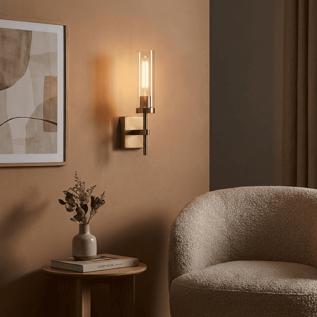 CandleGlow black cordless wall sconce above a leather reading chair