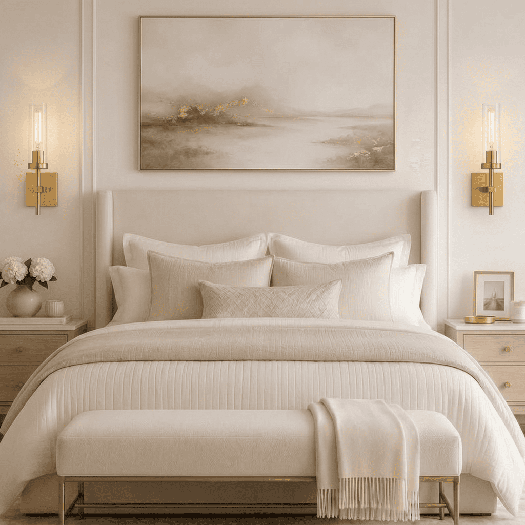CandleGlow gold cordless wall sconces with warm dimmable light in a cream bedroom
