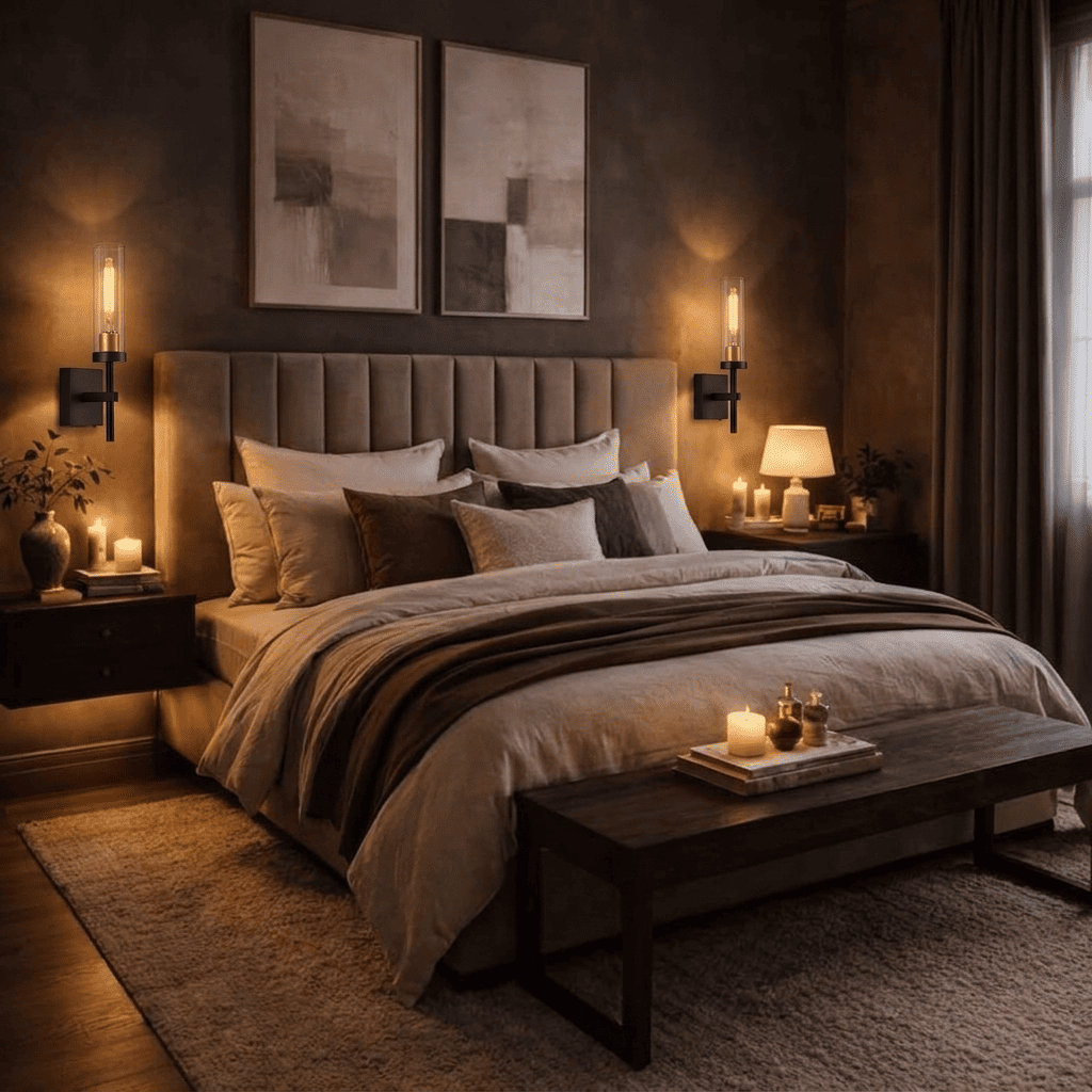 CandleGlow black cordless wall sconces glowing warm on both sides of a bed in a dark moody bedroom
