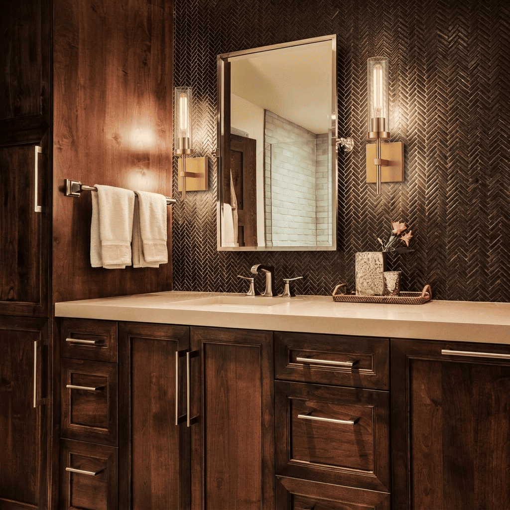 CandleGlow gold cordless wall sconces on dark herringbone tile beside a bathroom mirror