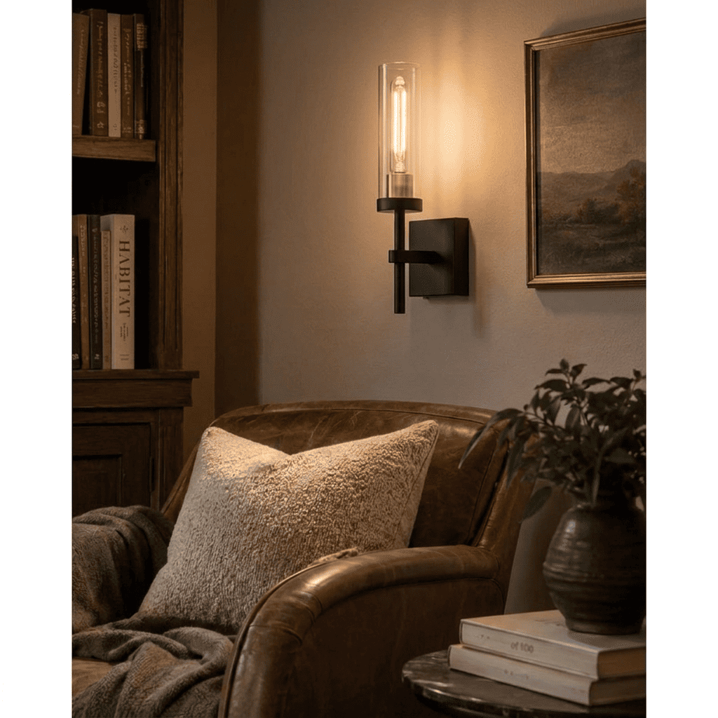 CandleGlow cordless wall sconce glowing warm beside the bed at night