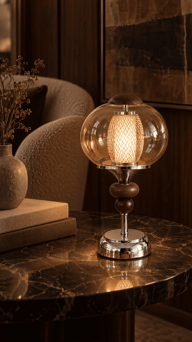 Noisette cordless table lamp with amber glass globe glowing on a black marble side table in a dark living room | nz-gallery-01
