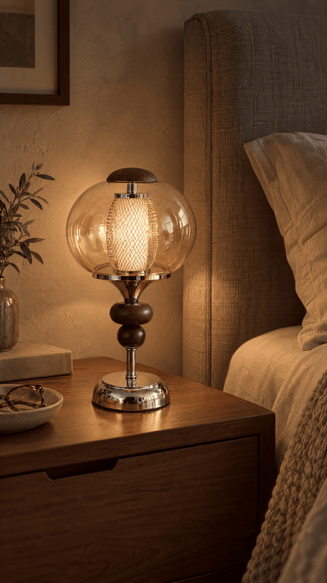 Noisette rechargeable bedside lamp on a walnut nightstand, warm amber glow in a bedroom | nz-gallery-02