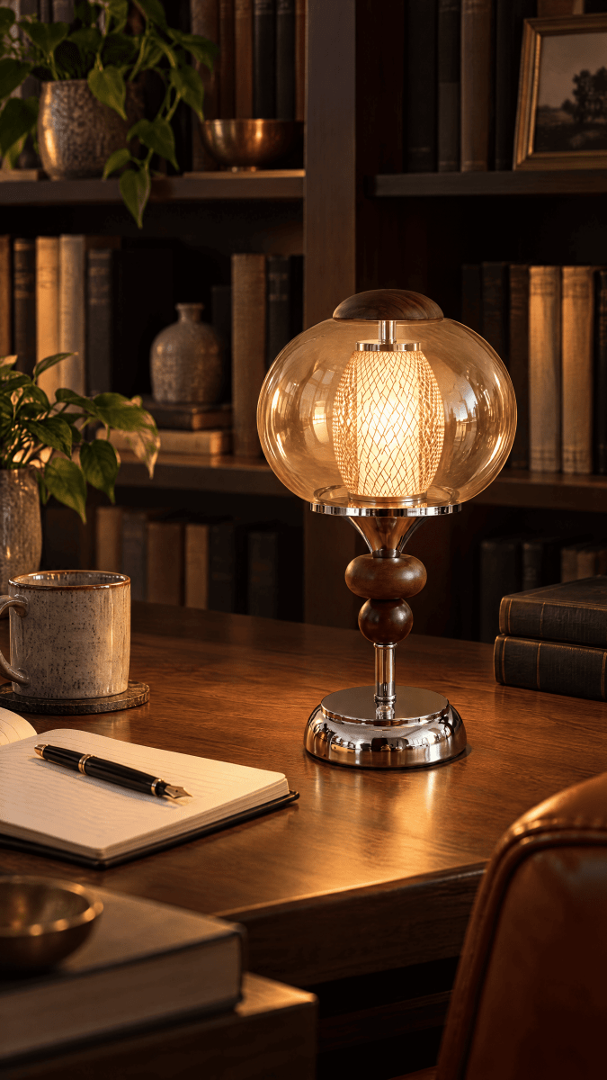 Noisette wireless reading lamp on a desk in front of bookshelves, copper mesh lantern glowing | nz-gallery-03