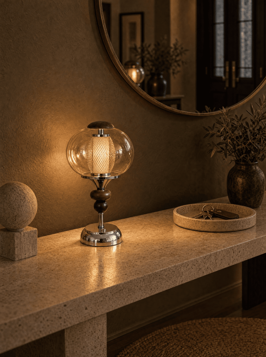 Noisette battery operated table lamp on a travertine entryway console beside a round mirror | nz-gallery-04