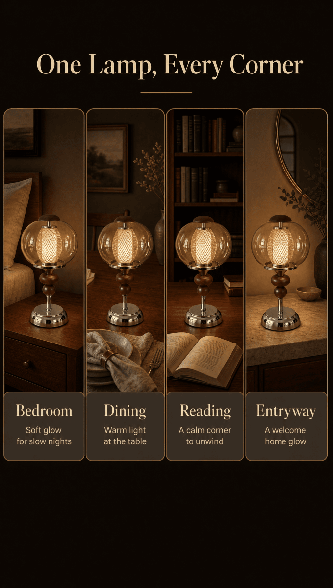 Noisette cordless table lamp in four rooms: bedroom, dining, reading corner and entryway | nz-gallery-06