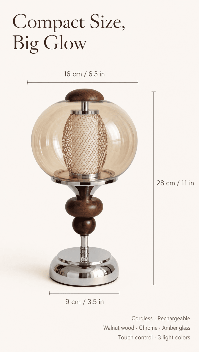 Noisette table lamp dimensions: 11 inches tall, 6.5 inch amber glass globe | nz-gallery-07